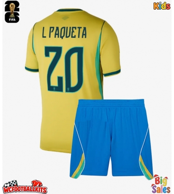 Brazil Lucas Paqueta #20 Replica Home Stadium Kit for Kids World Cup 2026 Short Sleeve (+ pants)
